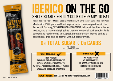 Texas Iberico snack sticks packaging with product details on a beige background