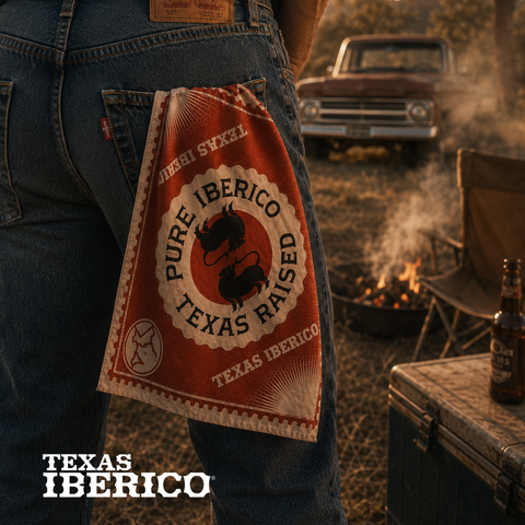 Person holding a 'Pure Iberico Texas Raised' towel with a rustic outdoor setting featuring a truck and campfire.