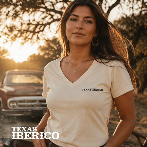 Woman wearing a 'Texas Iberico' t-shirt with a sunset and vintage truck in the background.