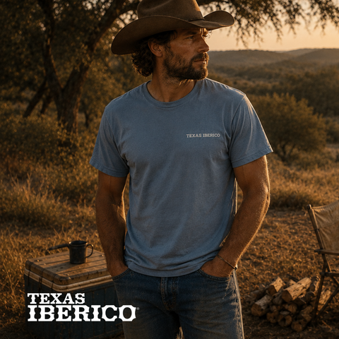 Man wearing a blue 'Texas Iberico' t-shirt in a natural setting with 'Texas Iberico' branding.